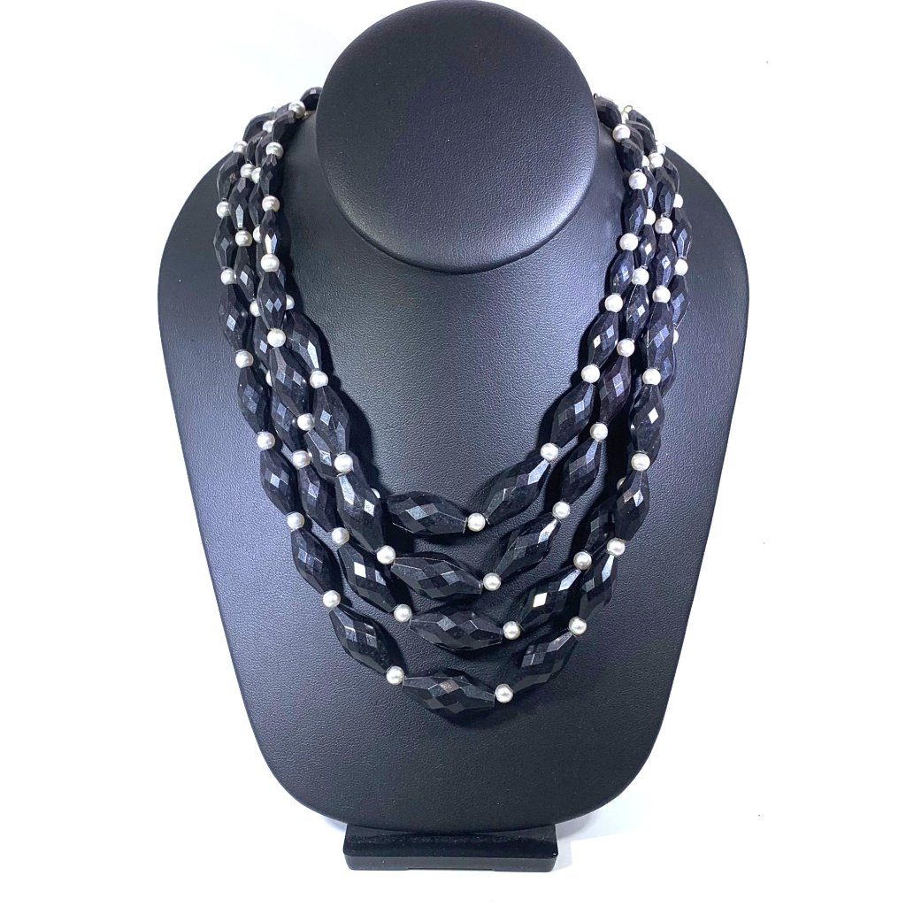 Necklace Faceted Black Acrylic Round Faux Pearl Beads Marked Germany Four Strand
